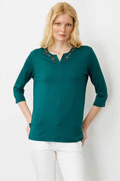 Desen Triko Γυναικεία Βαμβακερή Βαμβακερή Μπλούζα με Κέντημα Πράσινη