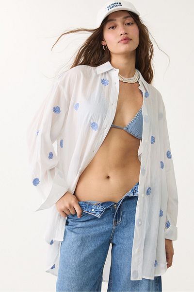 Stradivarius Long flowing shirt with seashell embroidery