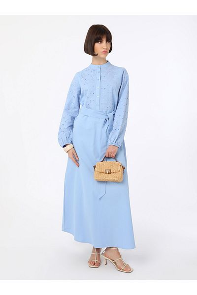 Benin Poplin Hijab Dress with Embroidery Detail - Baby Blue - Benin