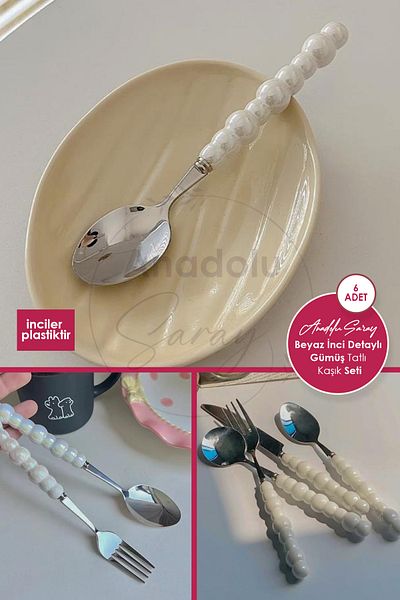Anadolu Saray 6 Pieces White Plastic Silver Dessert Spoon Set with Pearl Stone Detail |   6 Piece Luxury Dessert Spoon Set
