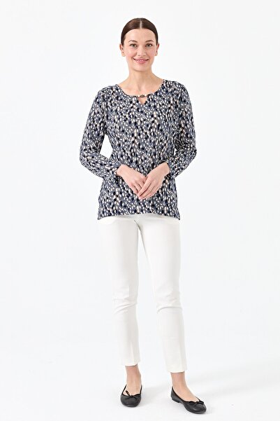 Desen Triko Γυναικεία Βαμβακερή Μπλούζα με Σχέδιο Φύλλων Indigo