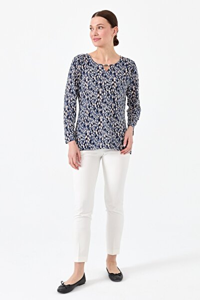 Desen Triko Γυναικεία Βαμβακερή Μπλούζα με Σχέδιο Φύλλων Indigo