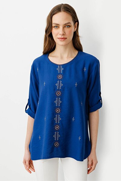 Desen Triko Жіноча блуза з вишитим коміром та вишитим передом, індиго