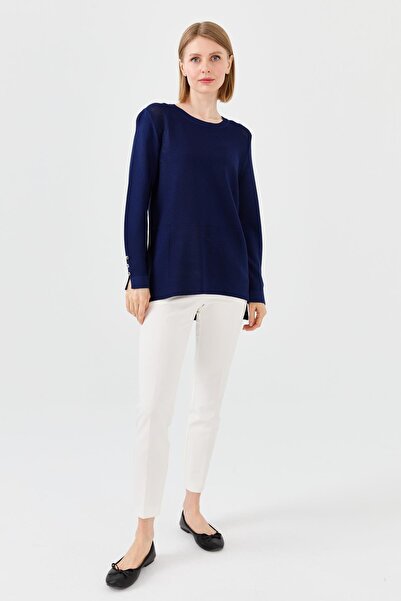 Desen Triko Γυναικεία μπλούζα με κουμπιά με μανίκια Navy Blue