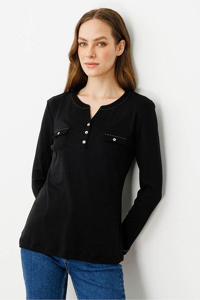 Desen Triko Women's Open Collar Cotton Blouse with Front Pocket Black