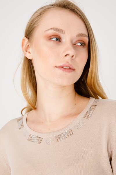 Desen Triko Жіноча блуза з довгими рукавами, коміром без коміра та каменями, трикотажна, віскозна