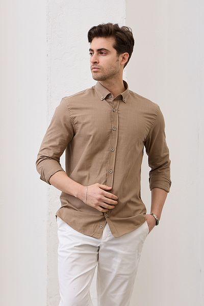 RAVANELLI Cămașă pentru bărbați, kaki, slim fit, cu guler cu nasturi, aspect de in, 100% bumbac