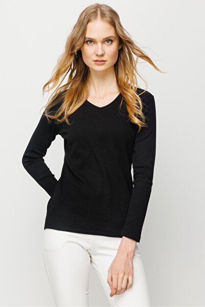 Desen Triko Γυναικεία βαμβακερή μπλούζα με λαιμόκοψη V μαύρη