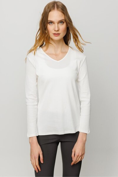Desen Triko Γυναικεία βαμβακερή μπλούζα με λαιμόκοψη V λαιμόκοψη Λευκή