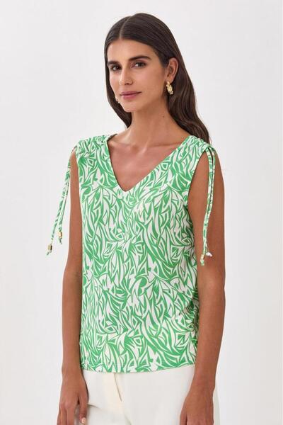 İKİLER Omuzları Büzgülü Bağcıklı Kolsuz Bluz 025-1016