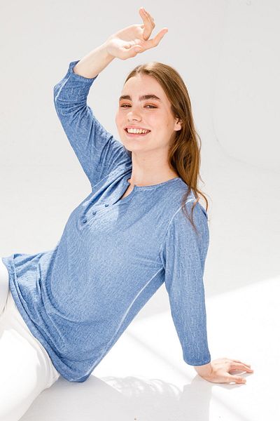 Desen Triko Bluză de damă cu guler răsturnat cu mânecă lungă din material jacquard albastru