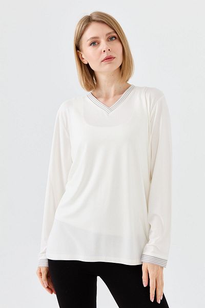 Desen Triko Women's V-Neck Chain Banded Combed Cotton Blouse Bone