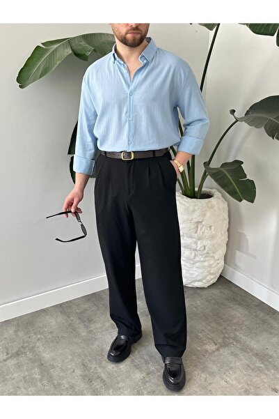 A&O Style Erkek Bebe Mavi Oversize Yazlık Uzun Kollu Keten Gömlek