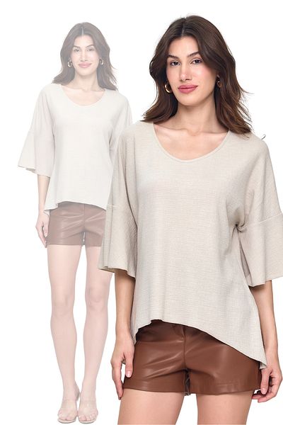 Laranor Cream Flywheel Sleeve U Neck Asymmetrical Lycra Ayrobin Blouse 25L8032