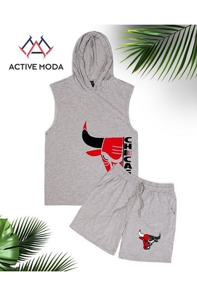 ACTIVE MODA -Men's Chicago Patterned Sleeveless Sports Singlet-Shorts Set 2 Li Panluklu Oversize Large Size