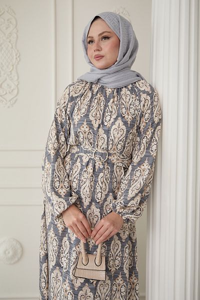 InStyle Φόρεμα με γκρι βισκόζη με έθνικ σχέδιο