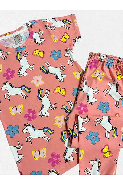 elmas kids Girl's 100% Cotton Pink Flower Butterfly Unicorn Patterned Short Sleeve Bottom Long Summer Pajama Set