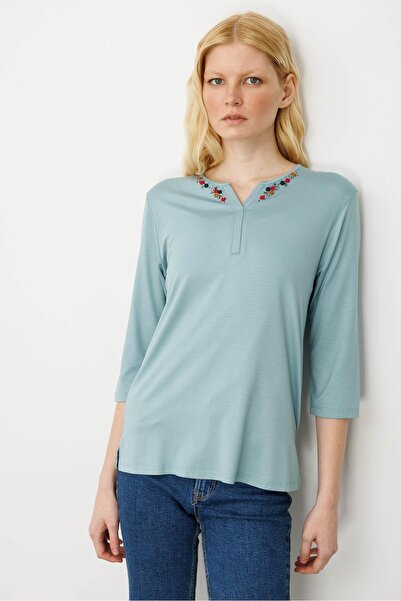 Desen Triko Women's Open Collar Embroidered Combed Cotton Blouse Mint