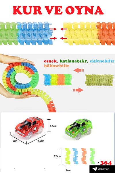 welcomein Magic Tracks Colorful Moving Rails 384 Pieces Led Lighted Toy Car Track Track Set with 2 Cars