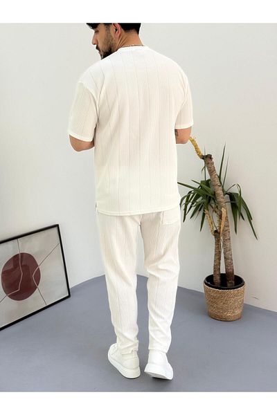 Combineman35 White Report Ottoman Fabric Single Pocket T-Shirt-Pants with Back Single Pocket 2 Piece Set