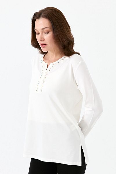 Desen Triko Women's Collar Plaid Beaded Embroidered Combed Cotton Blouse Ecru
