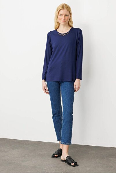 Desen Triko Women's Crew Neck Beaded Combed Cotton Blouse Navy Blue