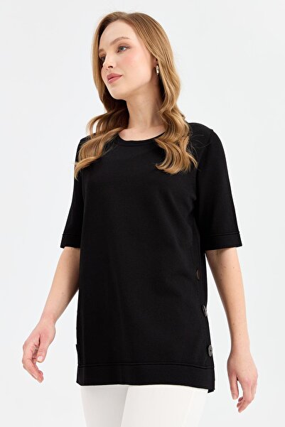 Desen Triko Women's Crew Neck Side Buttoned Thin Knitwear Blouse Black
