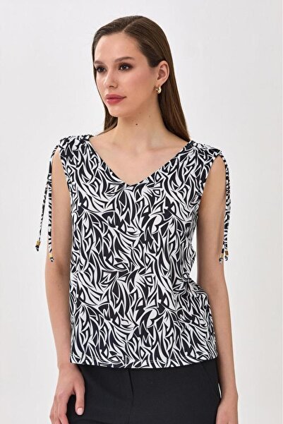 İKİLER Omuzları Büzgülü Bağcıklı Kolsuz Bluz 025-1016