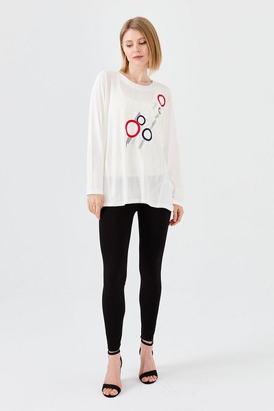 Desen Triko Women's Crew Neck Front Patterned Long Sleeve Combed Cotton Blouse Bone