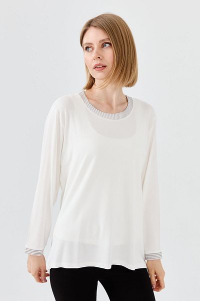 Desen Triko Women's Crew Neck Chain Banded Combed Cotton Blouse Bone