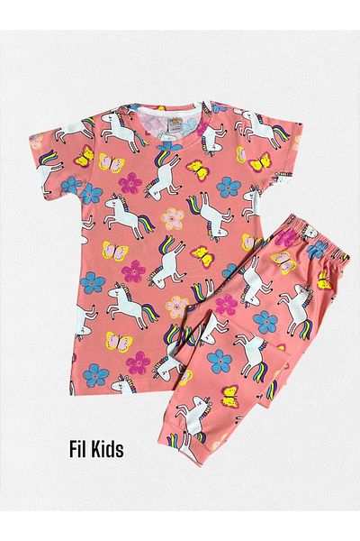 elmas kids Girl's 100% Cotton Pink Flower Butterfly Unicorn Patterned Short Sleeve Bottom Long Summer Pajama Set