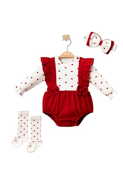 Minytrendy Baby Girl 3 Piece Romper Heart Patterned Newborn Jumpsuit Socks and Bandana Set Baby Gift Red