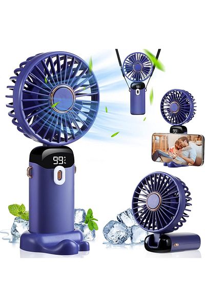 Generic Portable Handheld Fan 4000mAh | 3-in-1 Neck, Desk, Hand Fan | 5-Speed Folding Fan with LED Blue