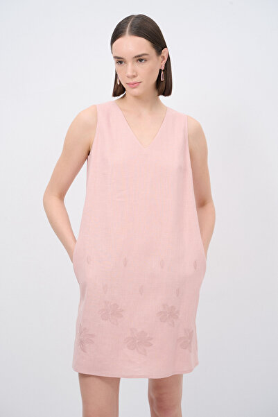 Love My Body V Yaka Keten Elbise