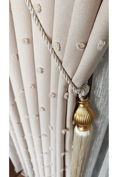 Yuka Λινάρι με υφή Pompom Cream Πάνελ Κουρτίνα φόντου Πολυτελής Βαριά Βαριά ΜΟΝΟ ΦΤΕΡΟ 1/3 Σφιχτά Πλισέ