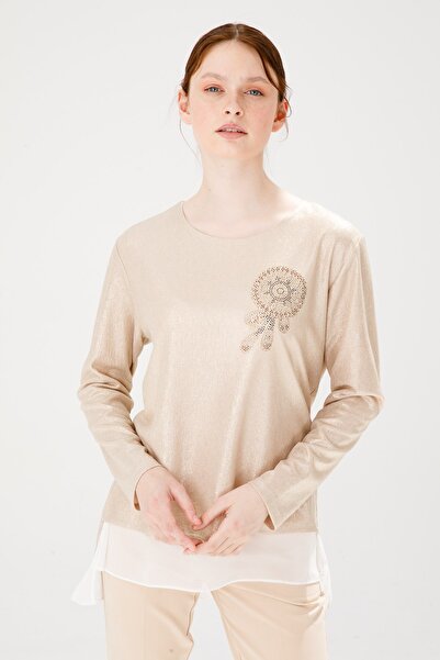 Desen Triko Γυναικεία μακρυμάνικη μπλούζα σιφόν γυαλιστερό ύφασμα χρυσό