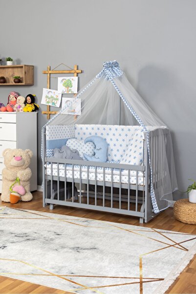 Bamgidoo Doğal Ahşap Beşik Anne Yanı Beşik Yeni Doğan Gri 60x120 Mavi Yıldız ...
