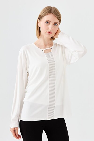 Desen Triko Women's Crew Neck Front Window Combed Cotton Blouse Bone