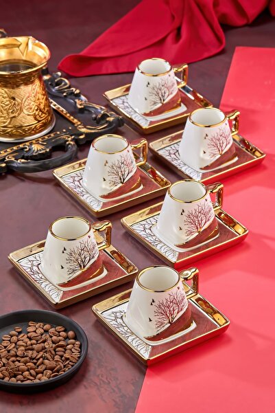 Cooker Şık Tasarımlı 6'lı 220 ml Porselen Çay Fincanı Seti - Altın Yaldızlı -...