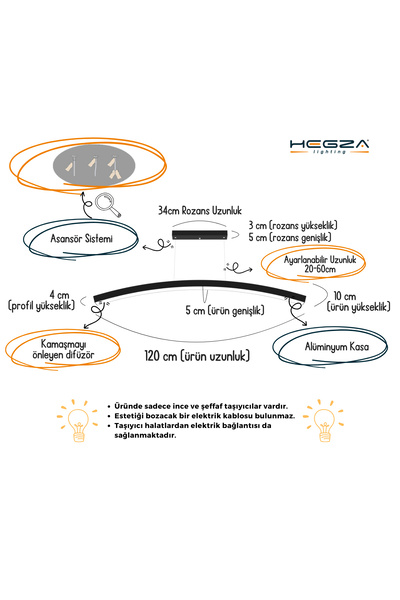Hegza Lighting Luna ( Siyah Kasa, Beyaz Işık ) Ledli Modern Led Avize, Salon, Mutfak, Oturma Yatak Odası, Sarkıt