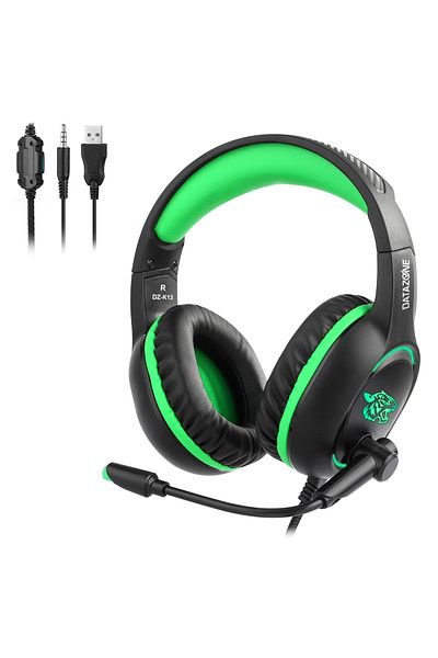 Datazone DZ-K13 Gaming Headset, green color, wired, over-ear design, clear sound, noise isolation,