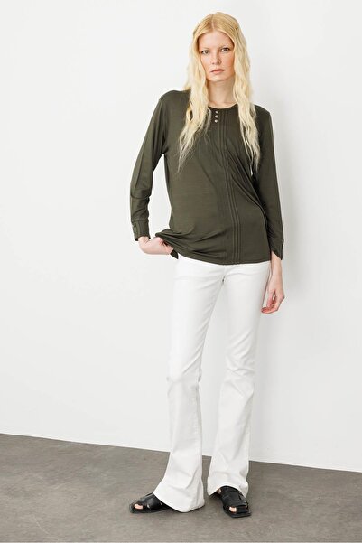 Desen Triko Women's Crew Neck Long Sleeve Combed Cotton Blouse Khaki