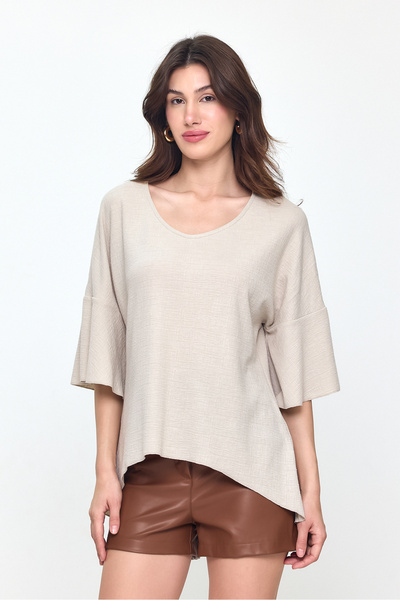 Laranor Κρεμ μανίκι βολάν U-Neck Asymmetric Lycra Ayrobin Μπλούζα 25l8032