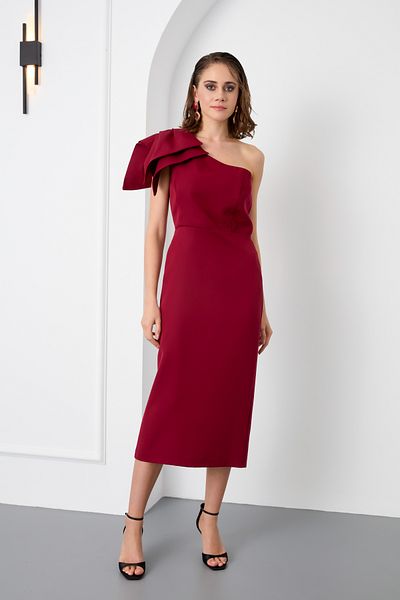 Lafaba Women's Burgundy One Shoulder Midi Dress