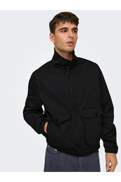 Only & Sons Men's Hooded Harrington Jacket – Black, Zippered, Elastic Cuffs