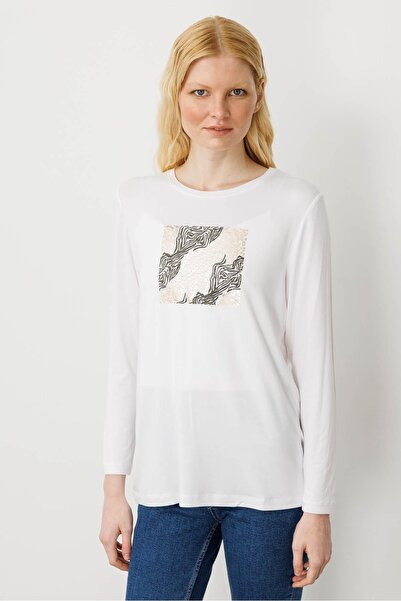 Desen Triko Women's Crew Neck Front Stone Printed Combed Cotton Blouse Ecru