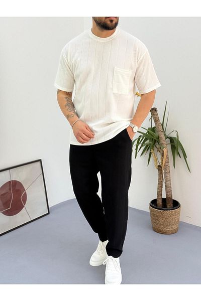 Combineman35 White Black Report Ottoman Fabric Single Pocket T-Shirt-Pants Set of 2 with Back Single Pocket