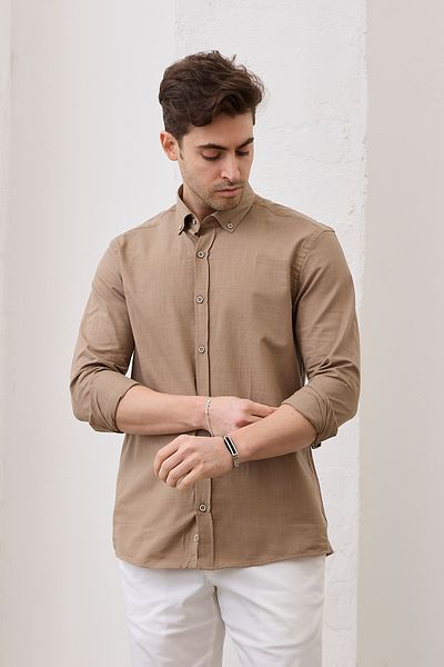 RAVANELLI Cămașă pentru bărbați, kaki, slim fit, cu guler cu nasturi, aspect de in, 100% bumbac