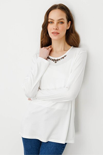 Desen Triko Women's Crew Neck Beaded Combed Cotton Blouse Ecru