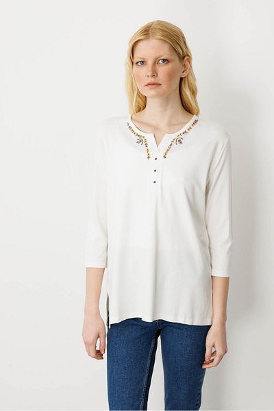 Desen Triko Women's Daisy Embroidered Combed Cotton Blouse Ecru